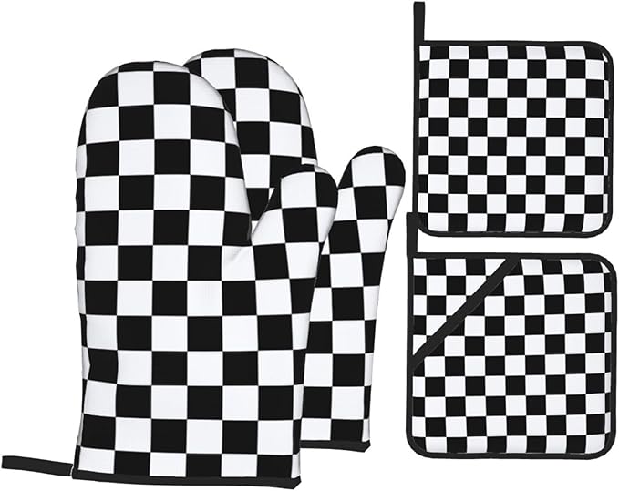 Checkered Black and White Plaid Oven Mitts and Pot Holders Set of 4, Heat - Image 8