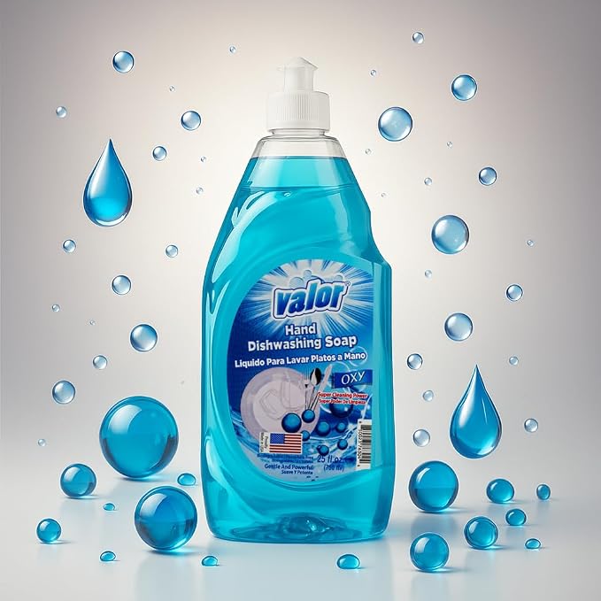 Valor Dishwashing Liquid, 25 fl oz – Dish Soap for Kitchen & Bathroom, Grease-Fighting, Gentle on Hands, Fast Rinse, Eco-Friendly Biodegradable Formula (25.5 oz (Pack of 6), Oxy Power)