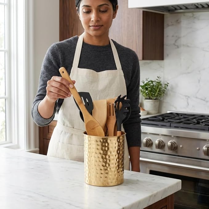 Monarch Abode Kitchen Utensil Holder – Hand Hammered Metal Brushed Gold Utensil - Image 5