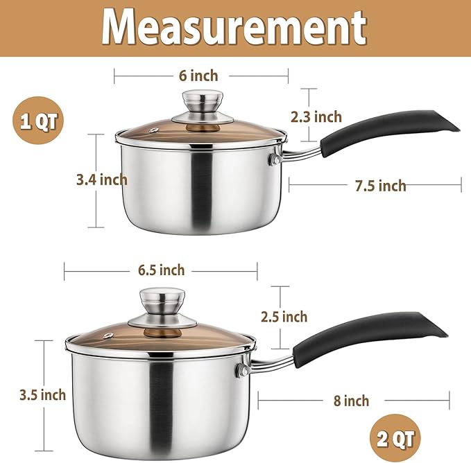 P&P CHEF 1 & 2 Quart Saucepan Small Pot, Stainless Steel Saucepan - Image 2