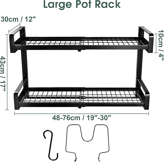 19"- 30" Expandable Hanging Pot Rack, 2 Tier Heavy Duty Wall Mounted Pots and - Image 8