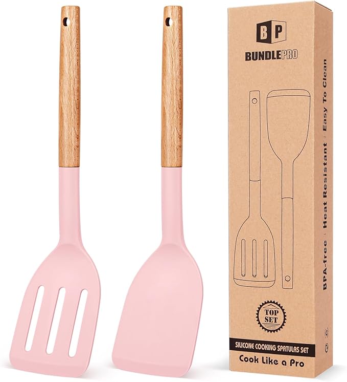 Pack of 2 Silicone Cooking Spatula, Heat Resistant Solid Turner, Non Stick by BUNDLEPRO