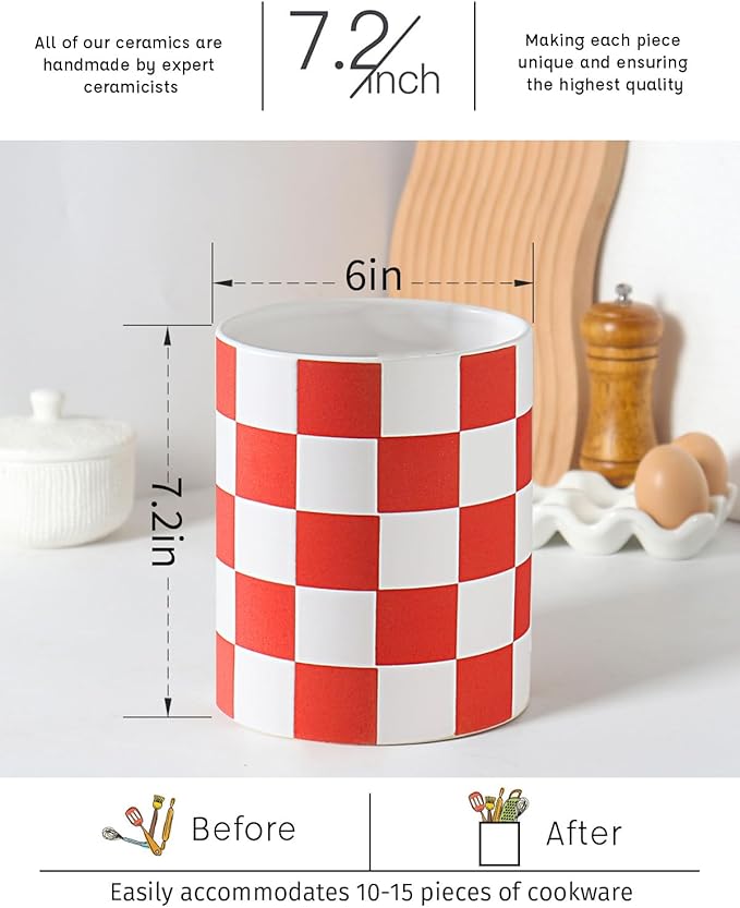 Utensil Holder, 7.2 Inch Checkered Utensil Holder, Ceramic Cooking Utensil - Image 2