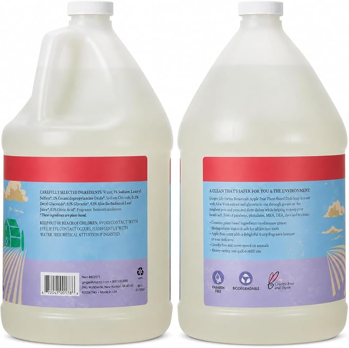 Ginger Lily Farms Botanicals Plant-Based Liquid Dish Soap, Concentrated Formula with Max Grease Cleaning Power, Cruelty-Free, Apple Pear Scent, 1 Gallon Refill (128 Fl. Oz.)