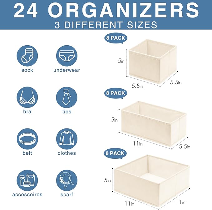 Criusia Drawer Organizer Clothes, 24 Pack Dresser Organizer Bins - Image 2