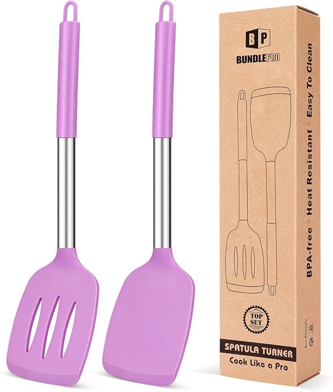 Pack of 2 Silicone Solid Turner, Non Stick Slotted Kitchen Spatulas, High Heat by BUNDLEPRO