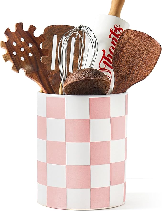Utensil Holder，7.2 Inch Checkered Utensil Holder, Ceramic Cooking Utensil by Swkien