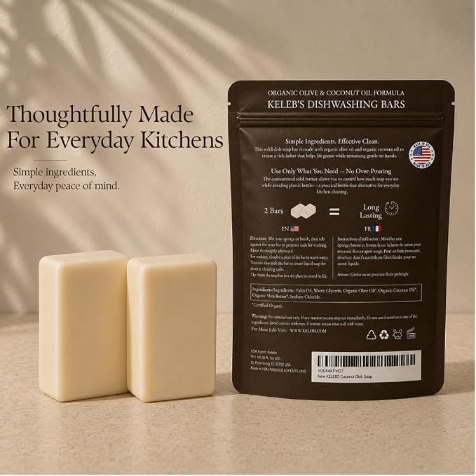 KELEBS Unscented Natural Dish Soap Bar, Organic Coconut, Non-Toxic, 2-Pack