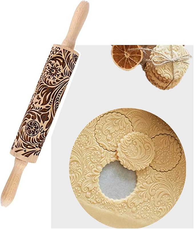 MIZORLIE 14.9"Paisley Engraved Embossed Rolling Pin, Christmas Snowflake Flower - Image 2