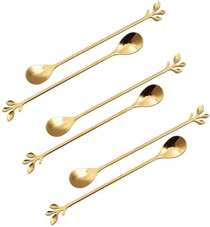Long Handle Ice Tea Spoons Set Ice Cream Leaf Spoon Stainless Steel Cocktail by Kylebeer