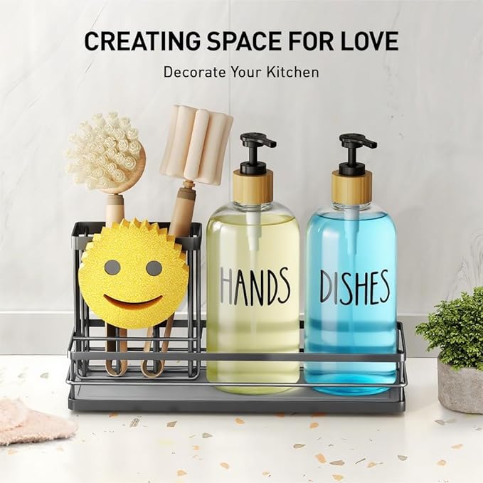 Moforoco Kitchen Dish Soap Dispenser Set, 16OZ Glass Bottle, Hand and Dish Soap - Image 6