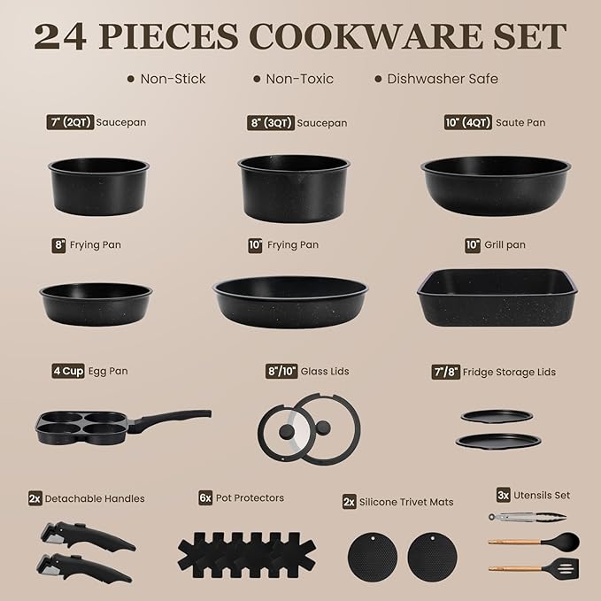 KIKCOIN Nonstick Pots and Pans Set 24 Pack - Image 2