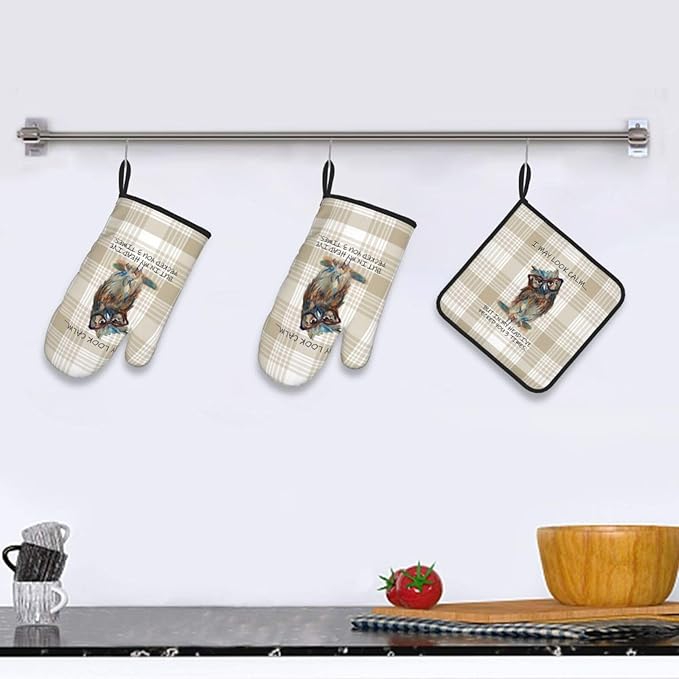 Funny Owl Oven Mitts and Pot Holders Sets of 3 Kitchen Hot Pads Cute Buffalo - Image 6