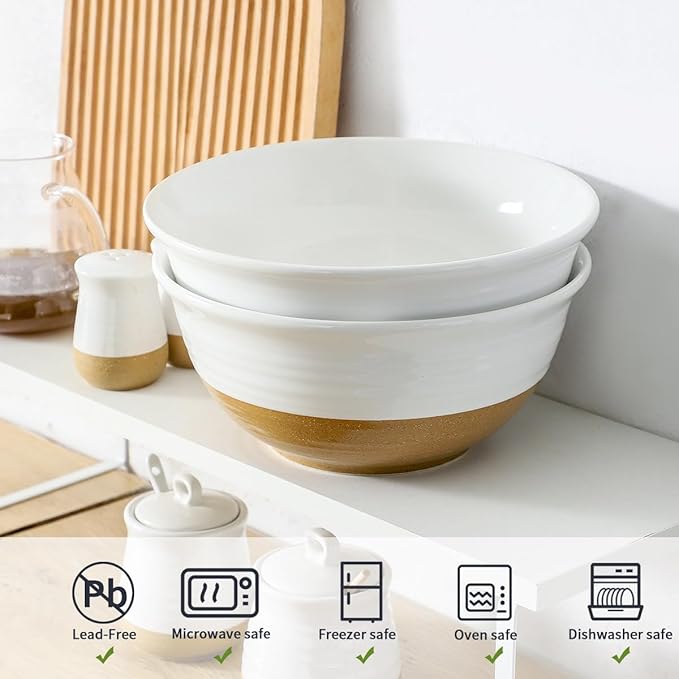HASENSE Large Ceramic Serving Bowls Set of 2, 84 Oz 9 Inch White & Terracotta - Image 4