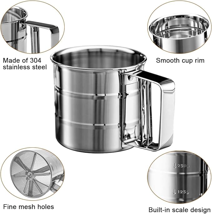 Silver Flour Sifter Baking Tool Set, DLAND Stainless Steel 4-Piece Kit - Image 2