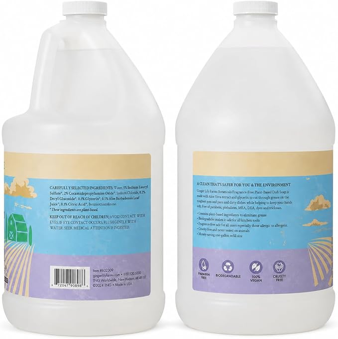Ginger Lily Farms Botanicals Plant-Based Liquid Dish Soap, Concentrated Formula with Max Grease Cleaning Power, Cruelty-Free, Fragrance-Free, 1 Gallon Refill (128 Fl. Oz.), Clear (Pack of 4)