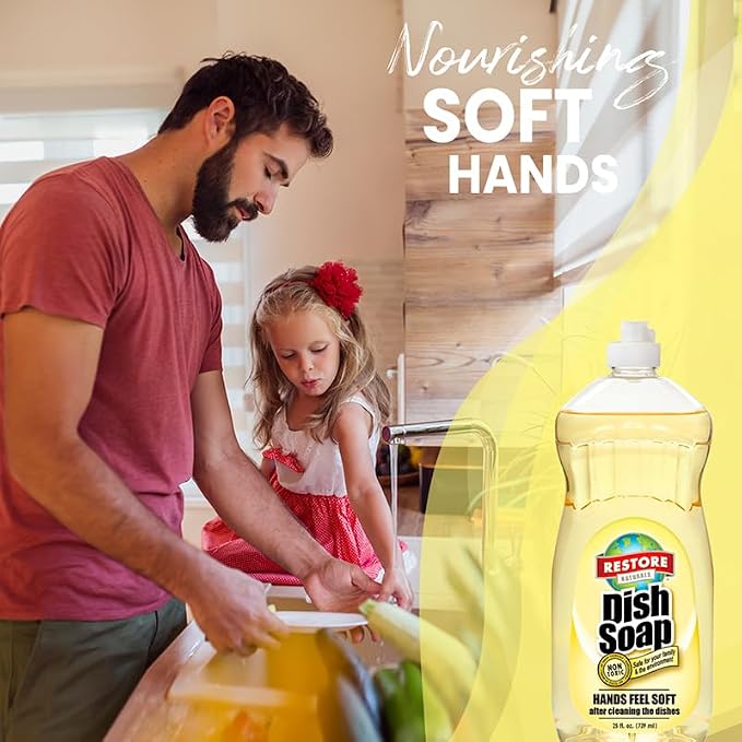 Restore Naturals Non Toxic Liquid Dish Soap - 25 Fl Oz - Plant Based | Biodegradable | Gentle Formula | Cruelty Free | Made in the USA - 6 Pack