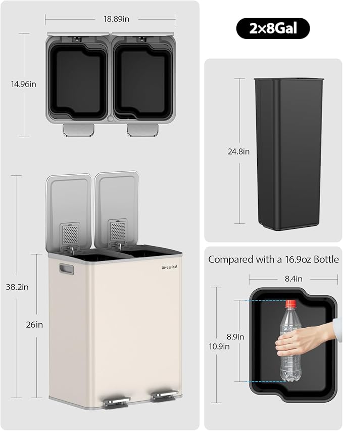 Lovewind Kitchen Trash Can, 2 x 8 Gallon Stainless Steel Trash and Recycle Bin - Image 8
