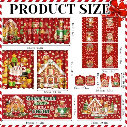 13 Pcs Gingerbread Man Kitchen Set, Towel Rug Valance Mitts