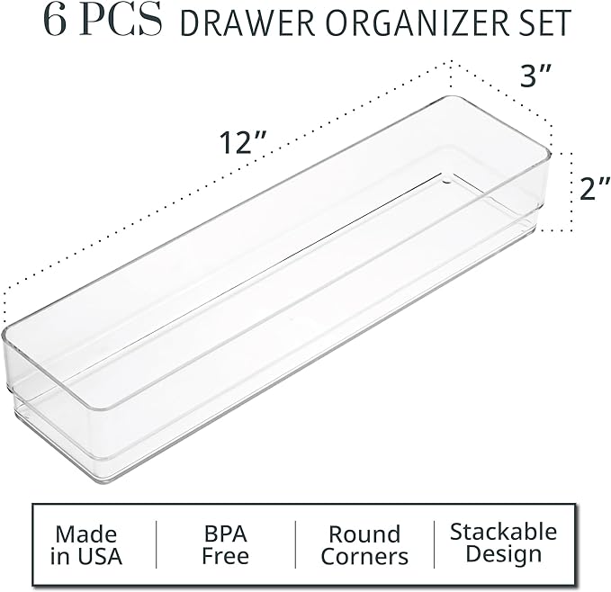 STORi SimpleSort 6-Piece Stackable Clear Drawer Organizer Set | 12" x 3" x 2" - Image 2