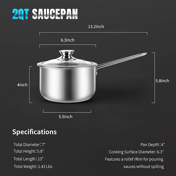 AuFranc® 2 Quart Tri-ply Stainless Steel Saucepan - Image 2