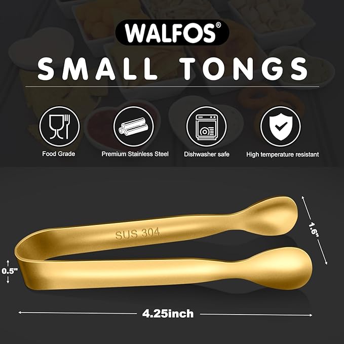 Walfos Small Gold Tongs For Serving, Food Grade Stainless Steel 4" Mini Tongs - Image 5