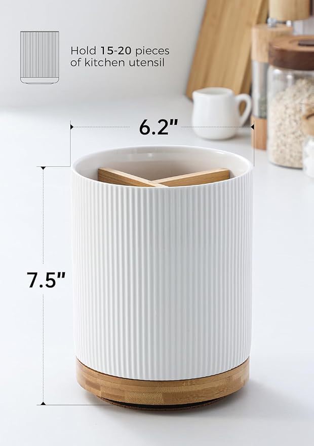 LoeJan 7.5" Utensil Holder, 3 Compartment Ceramic Kitchen Utensil Holder - Image 2