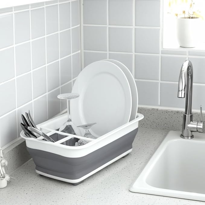 BNYD Plastic Collapsible Dish Drying Rack, Foldable Dinnerware Drainer Organizer - Image 2