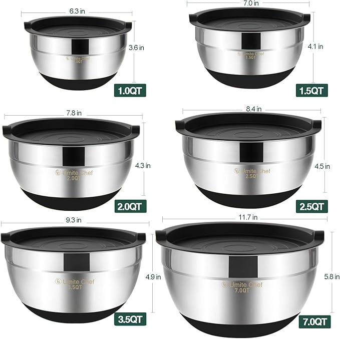 Umite Chef Mixing Bowls with Airtight Lids，6 piece Stainless Steel Metal - Image 6