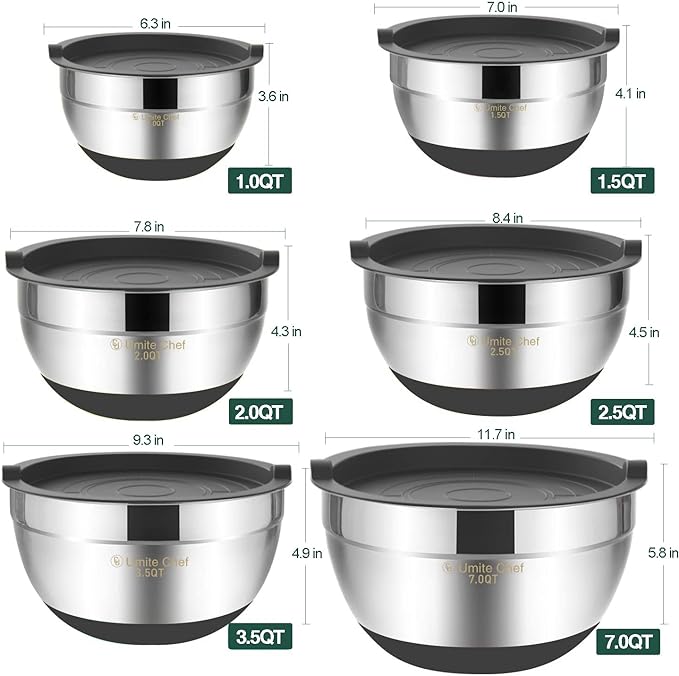 Umite Chef Mixing Bowls with Airtight Lids，6 piece Stainless Steel Metal - Image 5