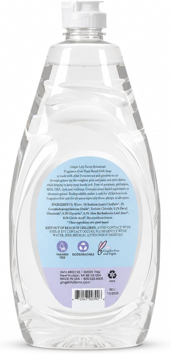 Ginger Lily Farms Botanicals Plant-Based Liquid Dish Soap, Concentrated Formula with Max Grease Cleaning Power, Cruelty-Free, Fragrance-Free, 24 Fl Oz (Pack of 8)