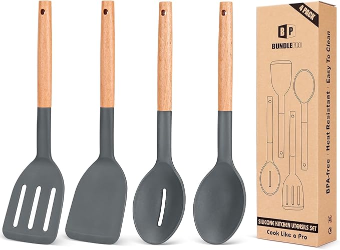Pack of 4 Silicone Cooking Utensils Set, Non Stick Solid Spatulas and Heat by BUNDLEPRO