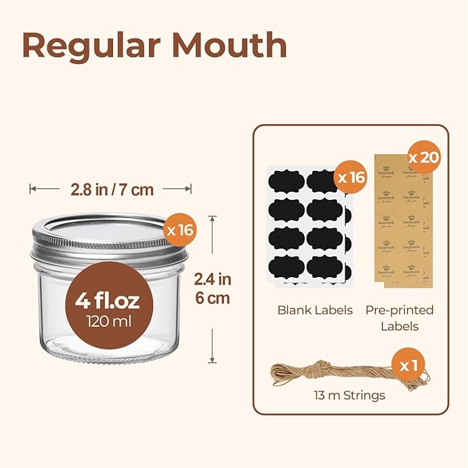 ComSaf Mini Mason Jars Bulk 4oz 16PCS, Regular Mouth Mason Jar - Image 2