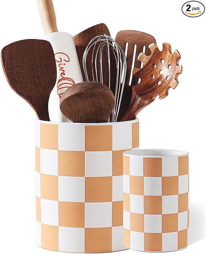 Utensil Holder，7.2 Inch Checkered Utensil Holder, Ceramic Cooking Utensil by Swkien