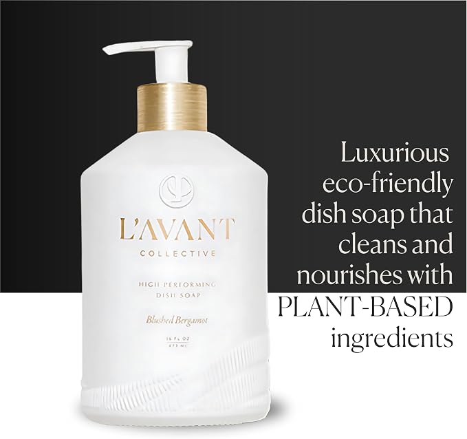 L'AVANT Collective The Ultimate Dish Wash Duo, Natural Luxury Dish Soap 16 Fl Oz with Refillable Glass Pump Bottle & 2 Loofah Dish Sponges for Pots, Pans, Dishes and Kitchen Cleaning, Blushed Bergamot