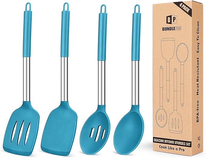 Pack of 4 Silicone Cooking Utensils Set, Non Stick Large Solid Spatulas by BUNDLEPRO