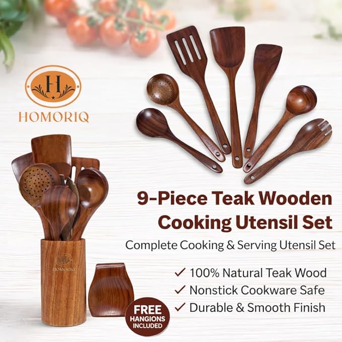 9 Piece Premium Teak Wooden Cooking Utensils Set- Spoons and Spatulas - Image 2
