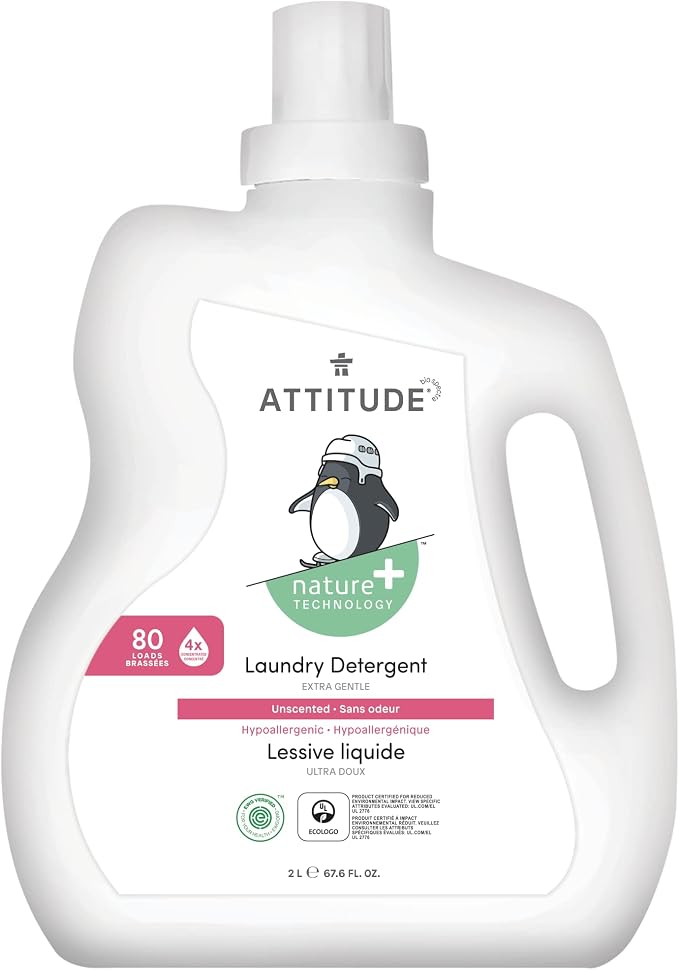 Bundle of ATTITUDE Baby Bottle and Dishwashing Liquid, EWG Verified, Vegan, Unscented, 23.7 Fl Oz + Baby Laundry Detergent, EWG Verified, HE Compatible, Unscented, 80 Loads, 67.6 Fl Oz