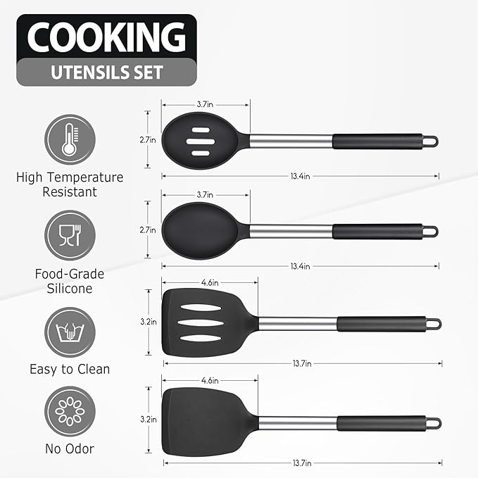 Pack of 4 Large Silicone Cooking Spatulas and Spoons, Slotted and Solid - Image 2