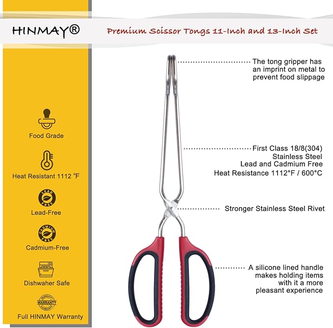 HINMAY Stainless Steel Scissor Tongs 11-Inch and 13-Inch Set - Image 2