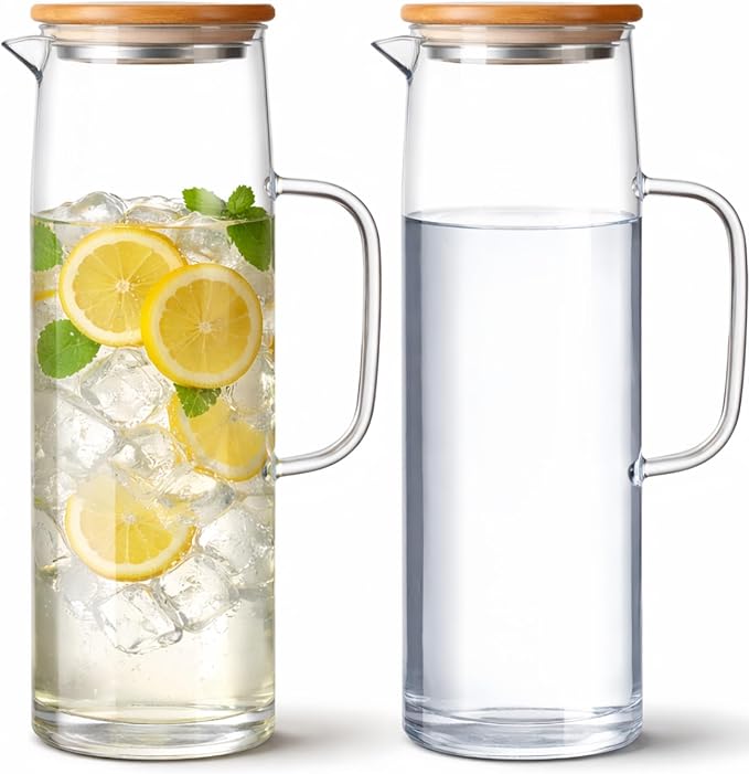 Hsei 2 Sets Glass Pitcher with Lid, 50 oz / 1500 ml Water Carafe with Handles by Hsei
