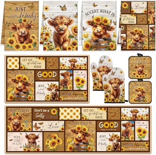 Highland Cow Kitchen Decor Set, 10 Pcs Highland Cattle Sunflower Farmhouse Kitchen Rugs, Dish Towels, Pot Holders & Oven Mitts, Heat Resistant Cooking Baking Accessories for Home Gifts