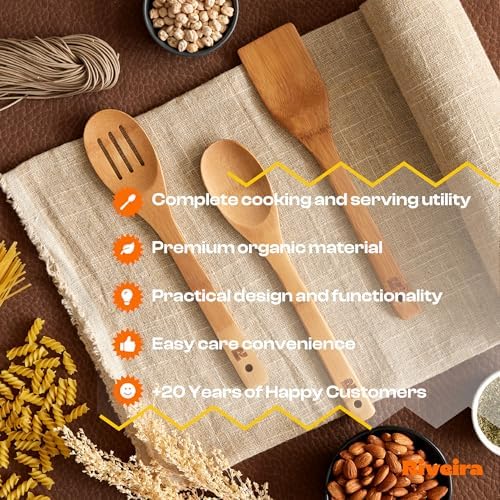 Riveira Dark Bamboo Wooden Spoons for Cooking 3-Piece, Apartment Essentials Wood Spatula Spoon Nonstick Kitchen Utensil Set Premium Quality Housewarming Gifts for Everyday Use
