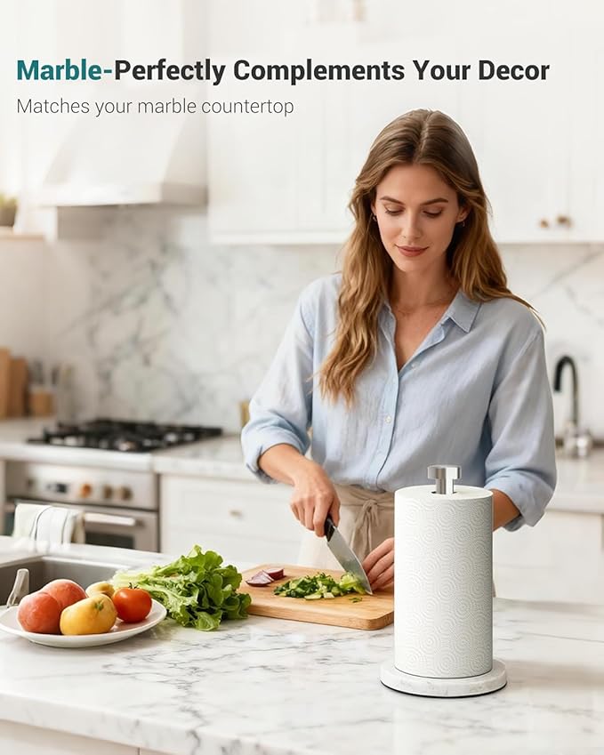 Marble Paper Towel Holder Countertop, Stainless Steel, One-Handed Tear - Image 2