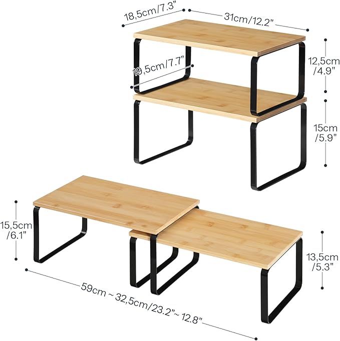 HOOBRO Cabinet Organizer Shelf, Expandable Kitchen Storage, Stackable Bamboo - Image 3