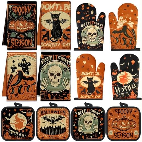 SiliFine 12 Pcs Halloween Kitchen Towels Oven Mitts Pot Holders Set