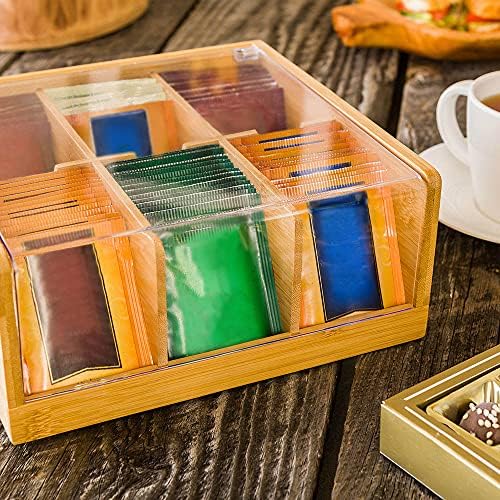 Restaurantware-8.5 x 8 x 3.5 Inch Tea Box Organizer, 1 Sustainable Tea Box Container - 6 Compartments, With Plastic Cover, Bamboo Tea Bag Organizer Storage Box, Durable, For Countertops And Cabinets