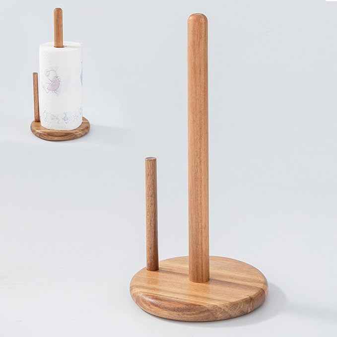 14" Acacia Wooden Paper Towel Holder, 6.7" Large Heavy Base Wooden Kitchen by MediterraneanFoodExperience