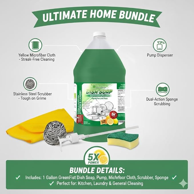 GreenFist Dish Soap Ultimate Kitchen Kit – Pump, Towel, Sponges & Scrubbers, Complete Cleaning Bundle – 1 Gallon, Lemon Scent