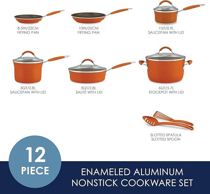 Rachael Ray Cucina Nonstick Cookware Pots and Pans Set, 12 Piece, Pumpkin Orange - Image 2